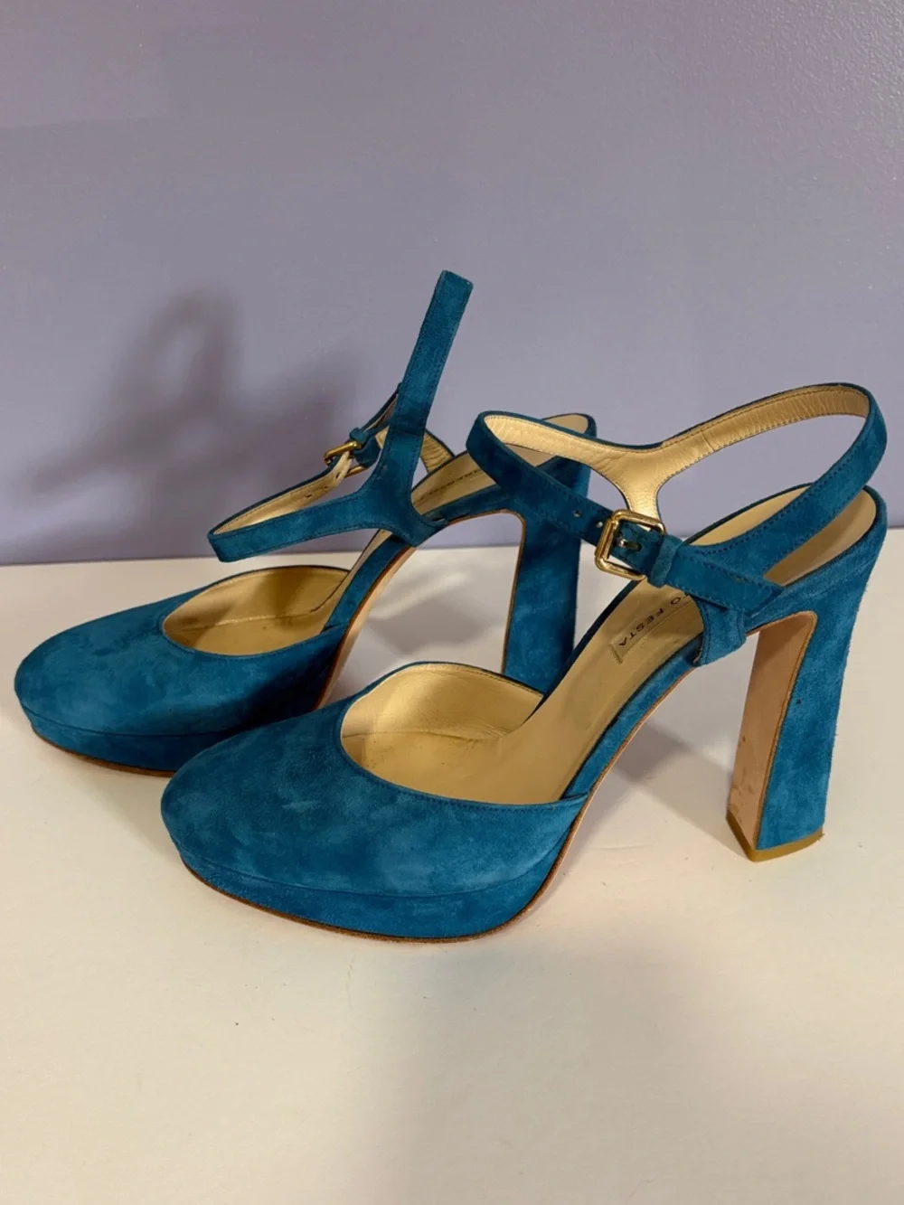 Roberto Festa Teal Suede Platform Mary Jane Heels